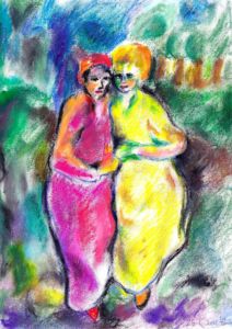 Couple en rose et jaune, Pastel gras, 34 x 44 cm