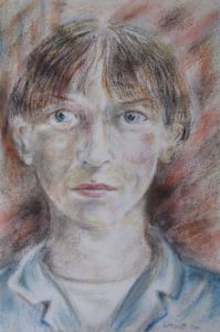 Portrait au regard fixe, Pastel gras, 33 x 43 cm